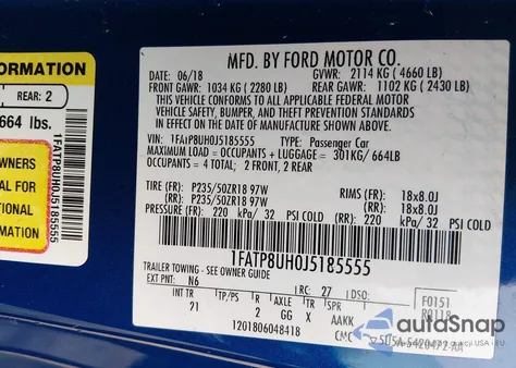 2018 Ford Mustang Ecoboost z USA, uszkodzony, nr VIN 1FATP8UH0J5185555